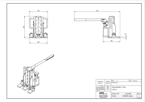 Technical drawing of the ECO-Jack® EJ30-5S mechanical lifter with three views and labeled dimensions.