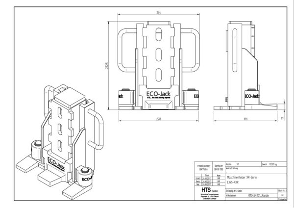 Technical drawing of ECO-Jack® EJ45-4XR lifting device, showing front, side, isometric views with labels and measurements.