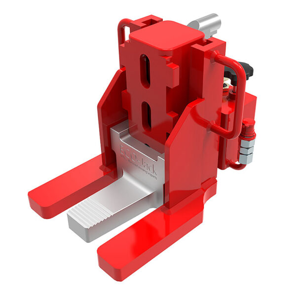 ECO-Jack® EJ100-3G: Red industrial hydraulic clamp with silver jaws for lifting or holding objects.