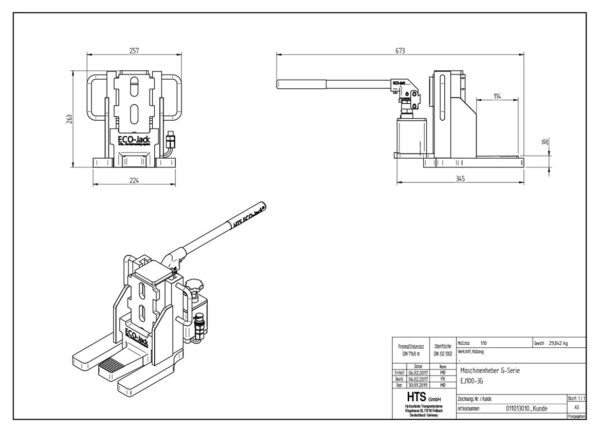 Technical drawing of ECO-Jack® EJ100-3G showing front, side, and perspective views with dimensions.