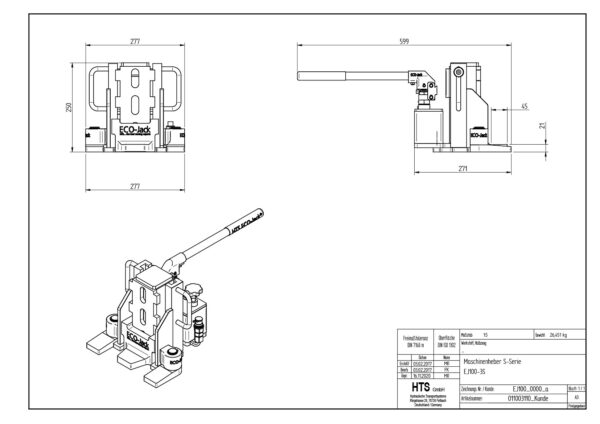 Technical drawing of ECO-Jack® EJ100-3S with front, side, isometric views, plus detailed measurements.
