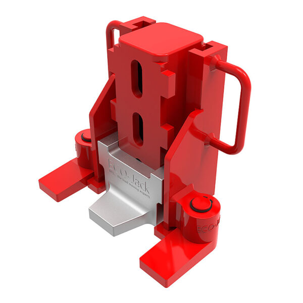 ECO-Jack® EJ100-3XR: red and silver mechanical jack with handles and sturdy base for lifting heavy objects.