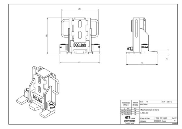 Technical drawing of the ECO-Jack® EJ100-3XR lifter, front, side, and isometric views with measurements shown.