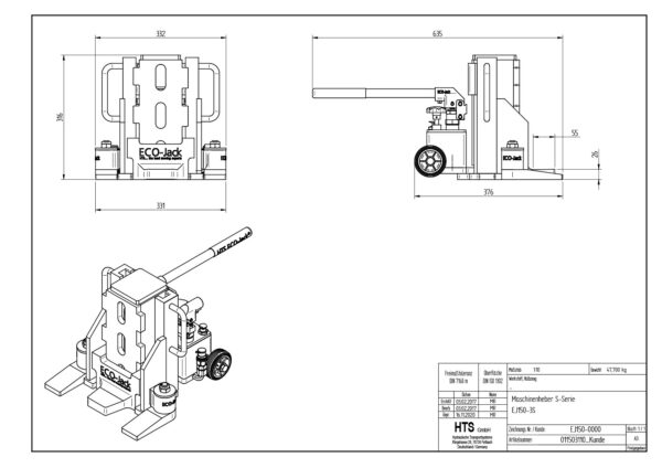 Technical drawing of ECO-Jack® EJ150-3S hydraulic lifter with front, side, isometric views, and measurements.