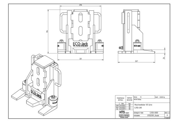Technical drawing of ECO-Jack® EJ150-3XR showing front, side, top, and isometric views with labeled dimensions.