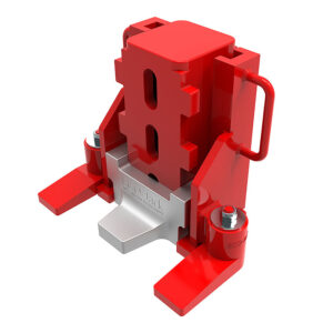 Red and silver ECO-Jack® EJ230-3XR industrial part with handles, bolts, and adjustable features on a white background.