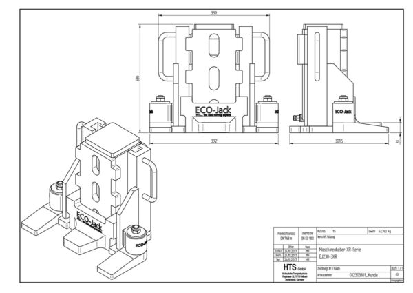Technical drawing of ECO-Jack® EJ230-3XR showing front, side, and isometric views with detailed measurements.