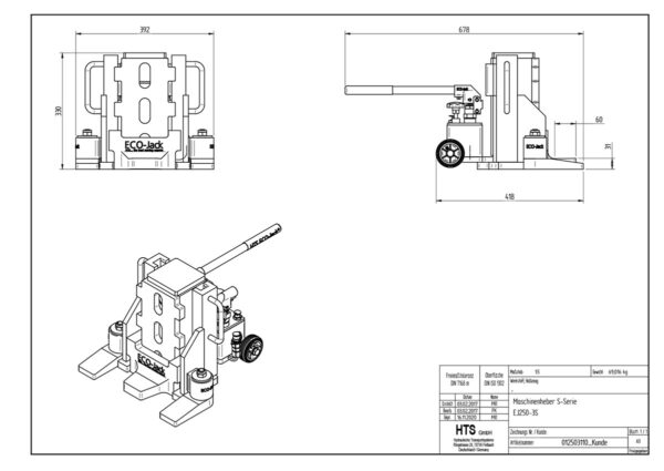 Technical drawing of the ECO-Jack® EJ250-3S showing front, side, and isometric views with labeled dimensions.