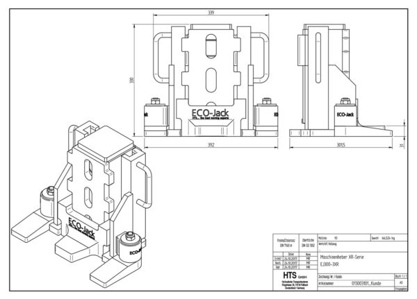 Technical drawing of the ECO-Jack® EJ300-3XR lifting device, shown from multiple angles with measurements and specs.