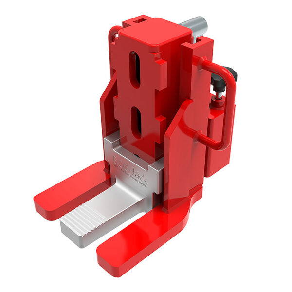 Red and silver ECO-Jack® EJ50-3G industrial lifter with fork prongs and vertical adjustment mechanism.