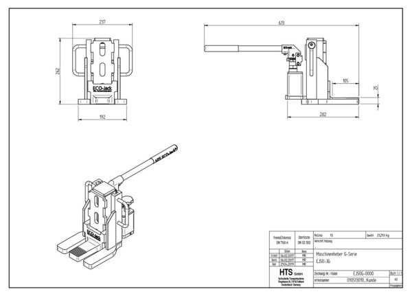 Technical drawing of ECO-Jack® EJ50-3G with top, side, and isometric views featuring labeled measurements.