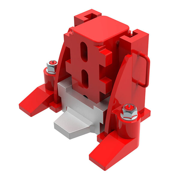 The ECO-Jack® EJ500-3XR, a red and silver mechanical clamp with bolts and angled supports, shown on white background.