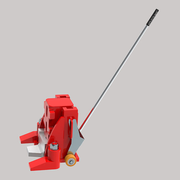 ECO-Jack® EJ500-3XR red hydraulic jack with metal handle, wheels, for lifting heavy machinery or equipment.