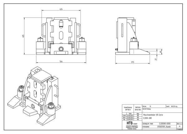 Technical drawing of ECO-Jack® EJ500-3XR showing front, side, isometric views, dimensions, and title block.