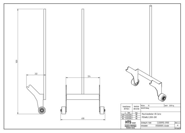 Technical drawing of the ECO-Jack® EJ500-3XR wheeled metal frame with dimensions and labeled details on white background.