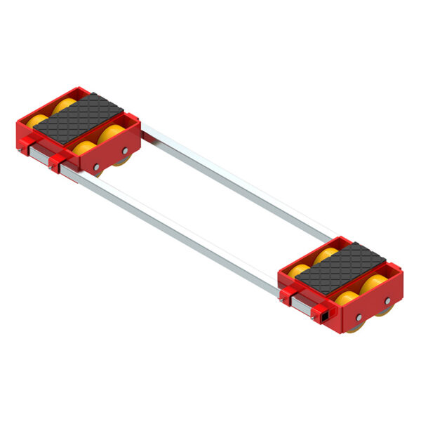 ECO-Skate® BIG44S: Red/yellow machinery skate, two platforms, rubber pads, metal bars for moving heavy equipment.