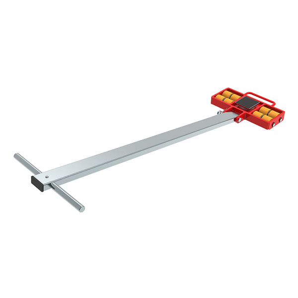 The ECO-Skate® MINI 25LS with a long handle, red base, and four yellow polyurethane wheels moves heavy objects easily.