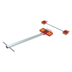 Illustration of a red and silver ECO-Skate® MINI 25LS dolly with yellow polyurethane wheels and detachable handle.