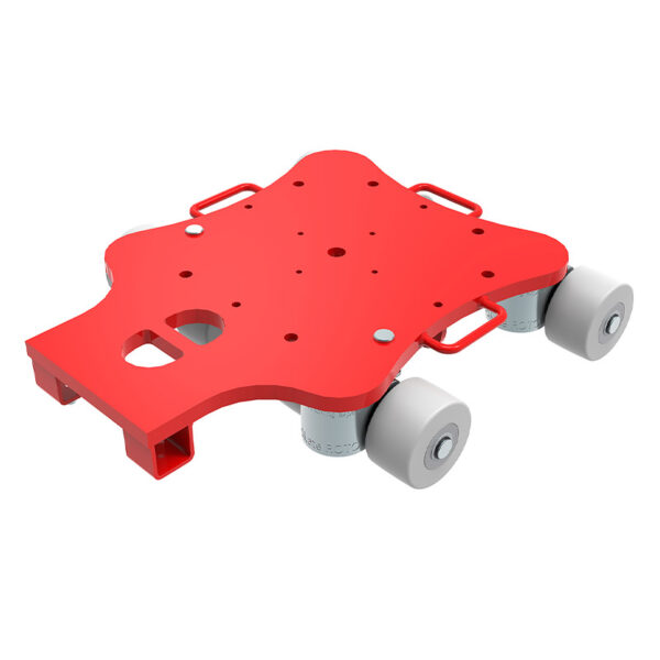 ECO-Skate® ROTOflex RFXN12: Red metal skate with four gray rollers, multiple mounting holes, on white background.