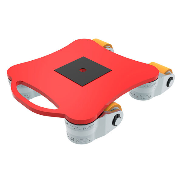 ROTO mini w/Polyurethane RM9: Red plastic platform with handle, 4 white swivel casters for heavy item transport.