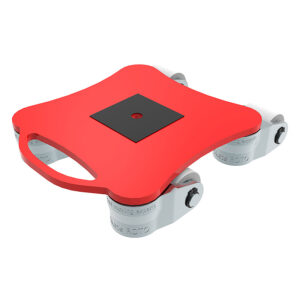 The ROTO mini w/Nylon RMN9 is a red, square dolly with 4 white swivel nylon wheels and a handle for heavy items.