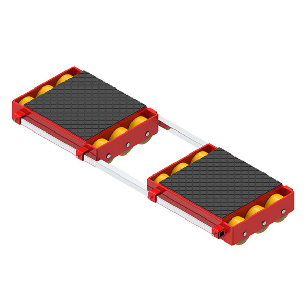 ECO-Skate® BIG132S: Red adjustable machinery skate with black textured platforms, yellow rollers, and metal connector bar.