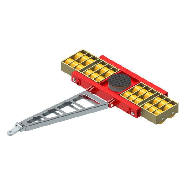 Red and gold machinery skate with multiple yellow rollers and a silver metal towing handle attached.