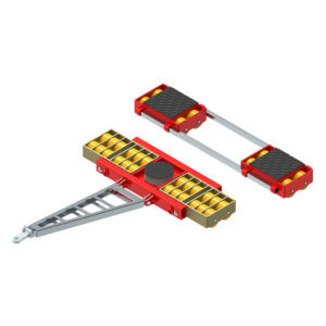 The ECO-Skate® BIG66LS is a red and yellow heavy-duty machinery skate with rollers and metal tow bar for moving equipment.