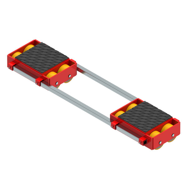 Red machinery skate with two platforms connected by metal bars, featuring black grip surfaces and yellow rollers.