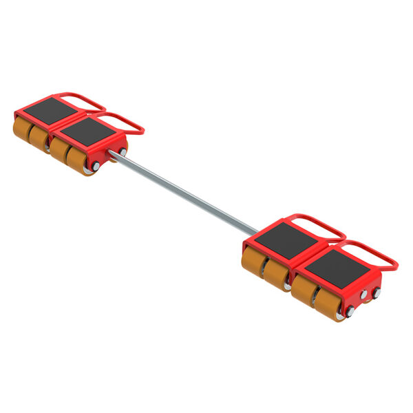 ECO-Skate® MINI 50LS with two red steel platforms, yellow polyurethane wheels, and a connecting metal rod for moving equipment.