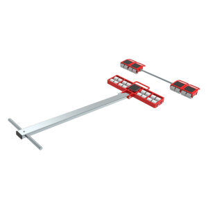 The ECO-Skate® MINI MN50LS (Nylon Wheels) is a red and silver dolly with rollers and a long handle for moving heavy items.
