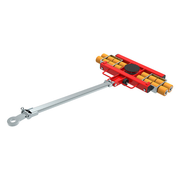 The ECO-Skate® IDEAL i120LS is red and silver with yellow rollers and a long metal handle for moving heavy objects.