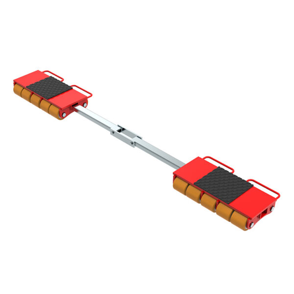 ECO-Skate® IDEAL i150LS: Red adjustable skate with dual platforms, multiple yellow rollers, and connecting metal bar.