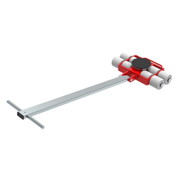 The ECO-Skate® IDEAL iN80LS is a red and silver machinery skate with four white rollers and a long metal handle.