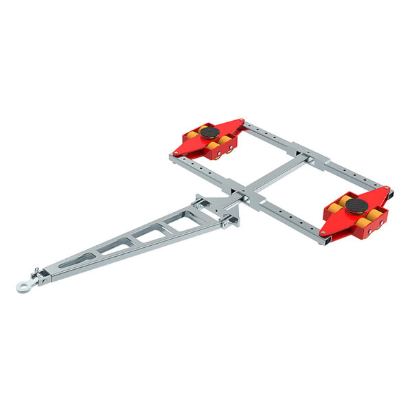 The ECO-Skate® DUO X16D is a metal tow bar with a rectangular frame, red corners, and yellow wheels.