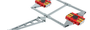 The ECO-Skate® DUO X32D features a metal frame, tow bar, and two red skates for moving heavy equipment or machinery.