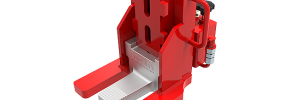 Red industrial forklift attachment with hydraulic components and metal fork tines, shown on a white background.