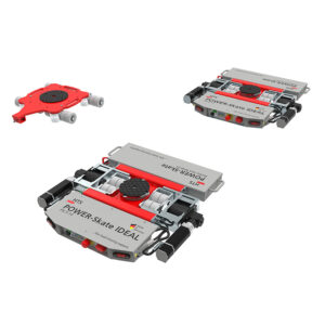 Two compact POWER-Skate® PSI 5-10 DUO robots, rectangular with wheels and a red, round component attached.