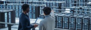 Two male data center system administrators and it specialists talk, use laptop.